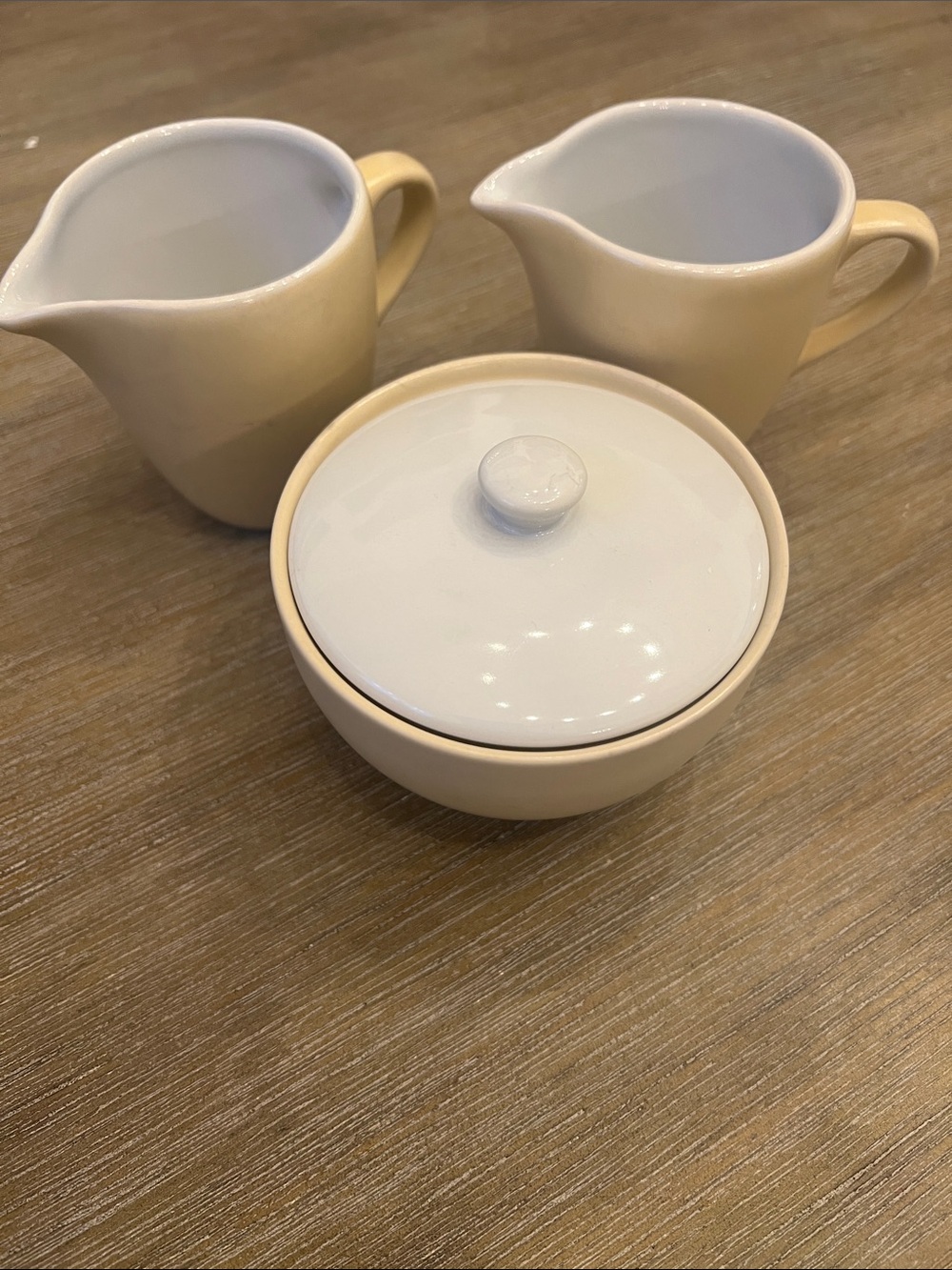 MCM look Cream Ceramic Sugar Bowl and 2 Creamers Set Home Dining. Tan and White